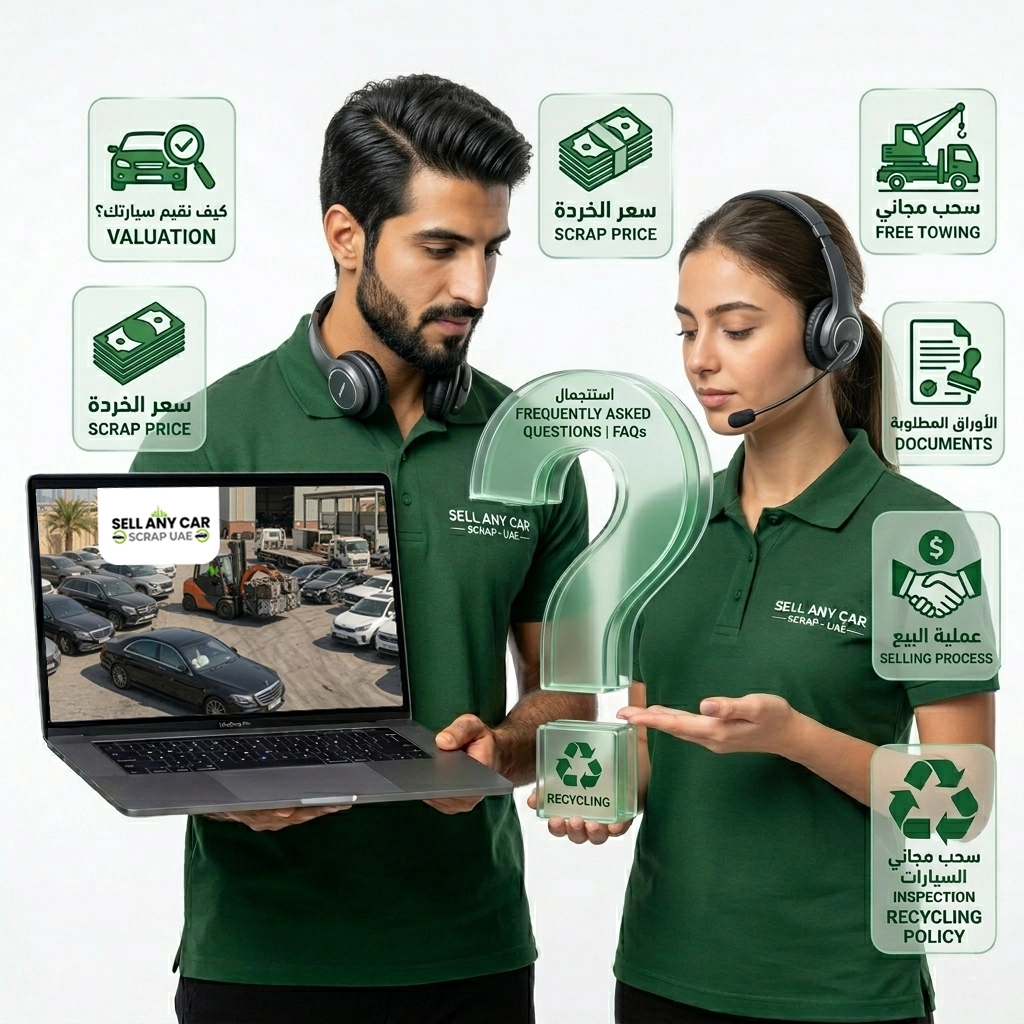 A professional Sell Any Car Scrap UAE recovery truck loading a damaged vehicle for recycling at our main car scrap yard in Al Sajaa, Sharjah.