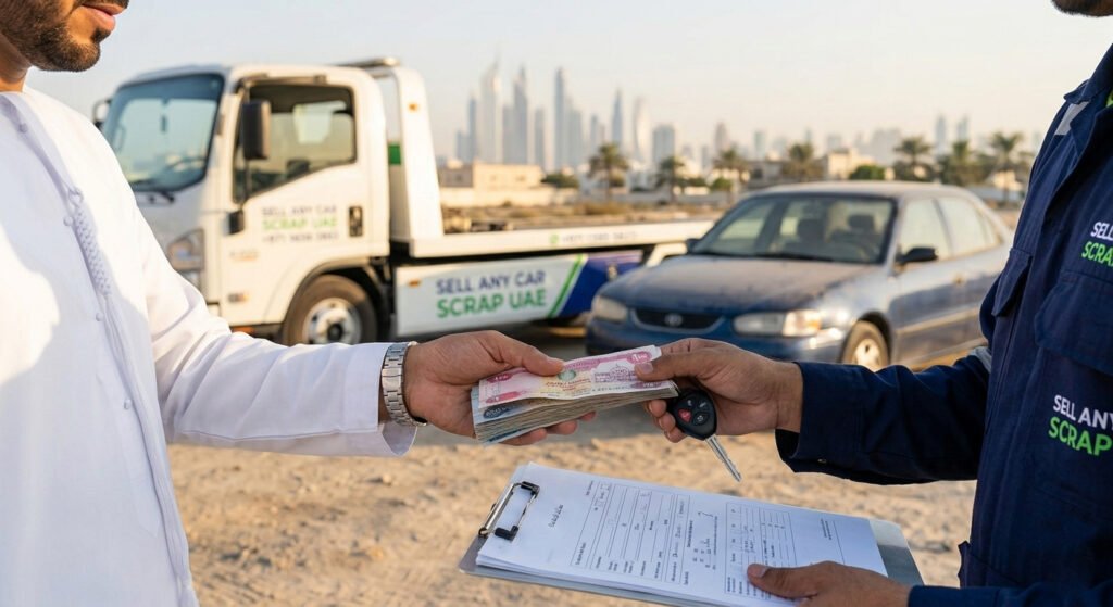 customer receiving cash for junk car in Dubai while handing over car keys to buyer