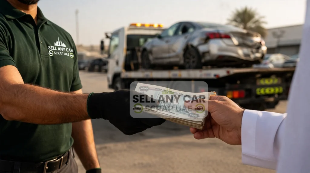 Customer receiving instant cash for junk cars in Sharjah from Sell Any Car Scrap UAE.