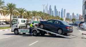 damaged car being loaded onto tow truck in Dubai for junk car buyers free pickup service