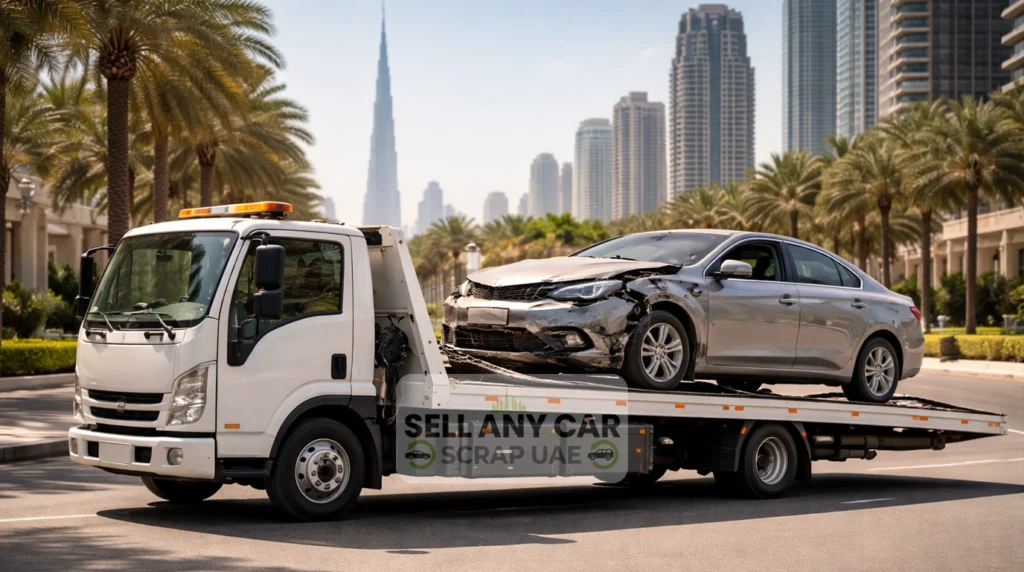 Sell Any Car Scrap UAE team providing free junk car removal in Dubai for a damaged sedan.