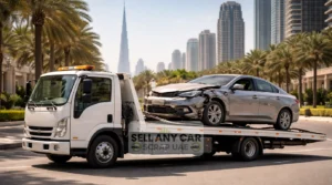 Sell Any Car Scrap UAE team providing free junk car removal in Dubai for a damaged sedan.