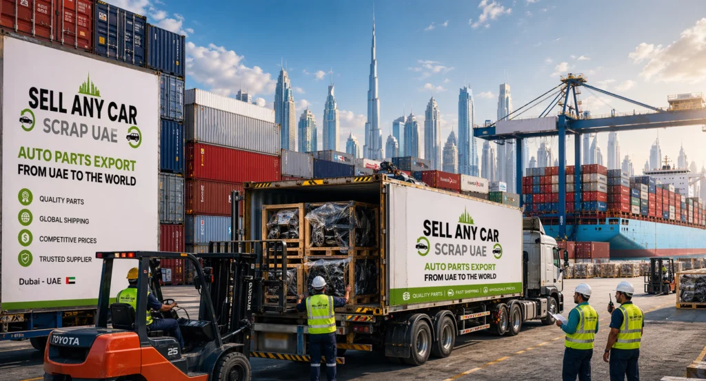 Heavy-duty shipping container being loaded with genuine Toyota and Nissan spare parts for international export from Dubai UAE.