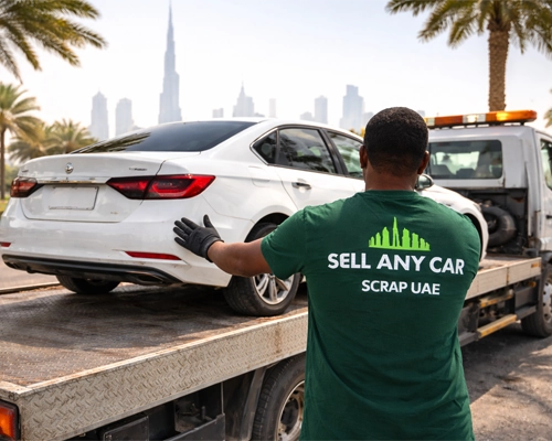 Professional Junk Car Buyers in Dubai picking up a scrap vehicle for cash