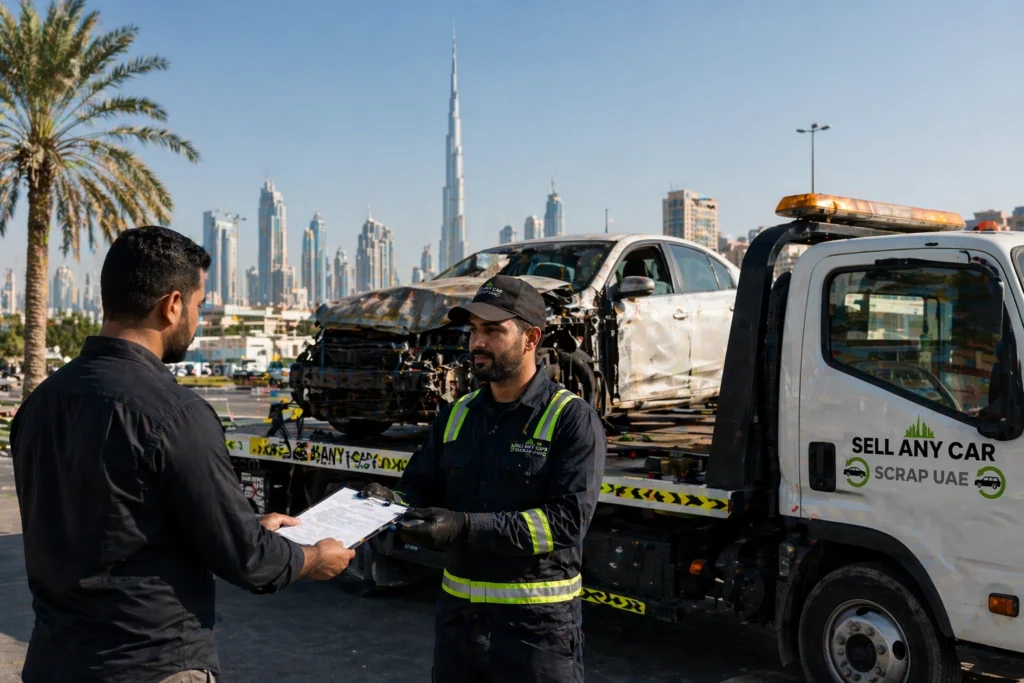 A damaged car being loaded onto a tow truck in Dubai while a person hands over documents