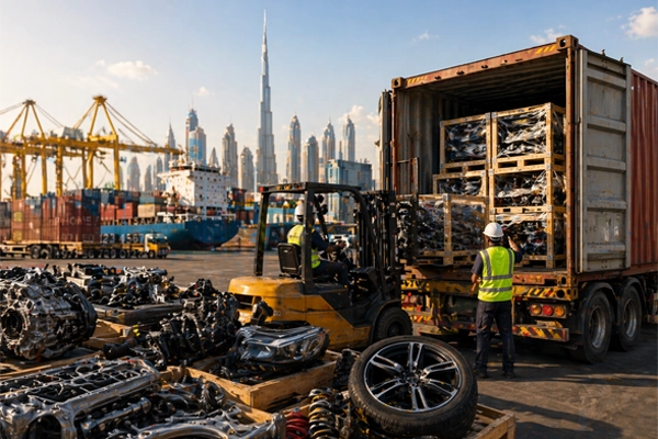 A wide selection of inspected OEM engines and gearboxes ready for wholesale export from a Dubai-based auto parts supplier.